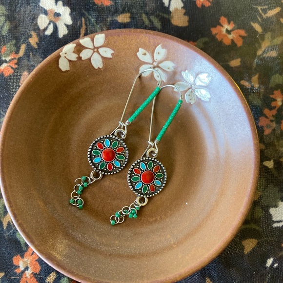 Artisan Silver Earrings with Red and Green Accents - Picture 2 of 6